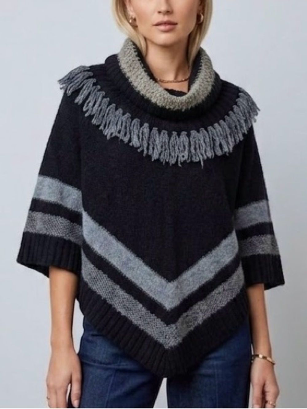 Wool Blend Poncho Sweater Black Striped Nubby Fringe Boho Cowl Neck One Size